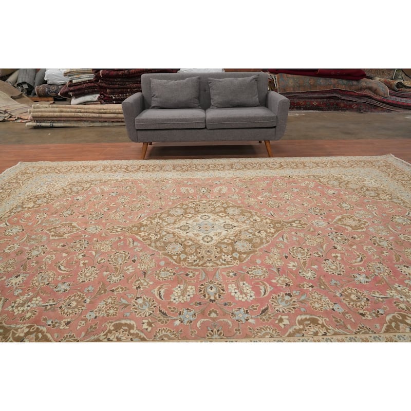 Hand Knotted Oriental 100% Wool Carpet Traditional Floral Pink Kashan Area Rug - 12' 11'' X 9' 7''