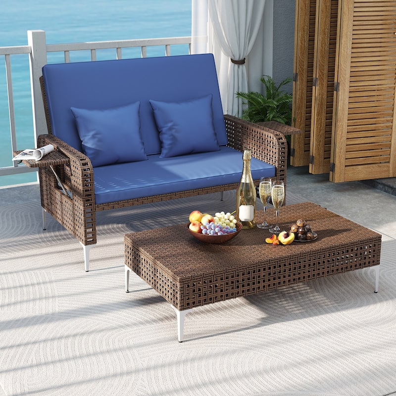 2 Piece Mix Brown Rattan Outdoor Daybed Loveseat and Ottoman Set with Adjustable Backrest - 50” x 48” x 35”