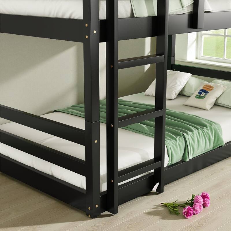 Twin Over Twin Over Twin Rubber Wood Triple Bunk Bed with Guardrails and Two Built-in Ladders, Detachable 3-Tier Bed Frame