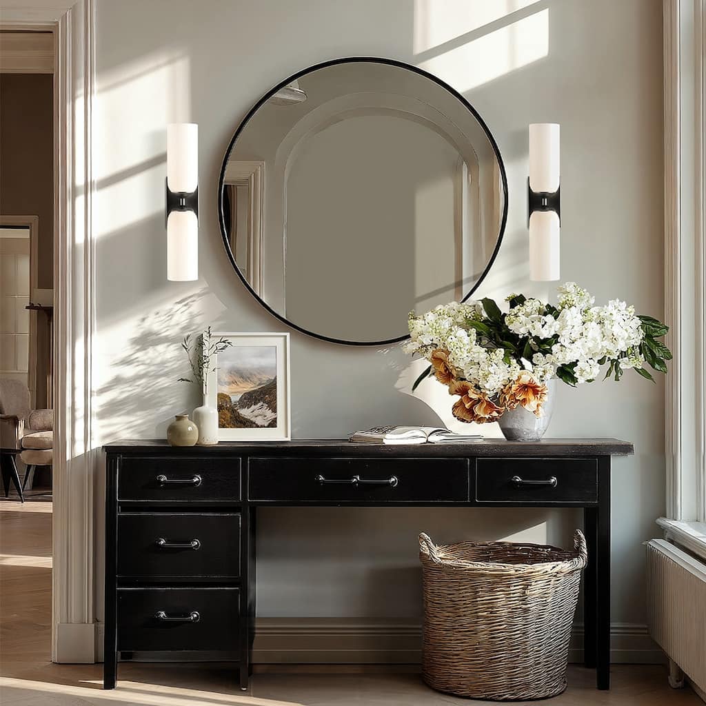 Glass Double Wall Sconce - Metal, Glass Matte Black, Ivory 2-Light Sconce for Bathroom or Entryway in Modern, Mid-Century Style