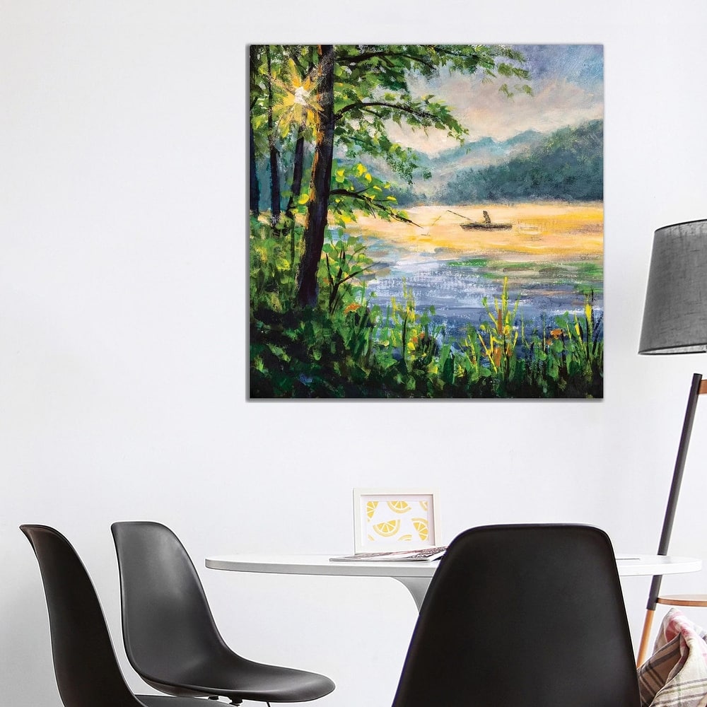iCanvas "Fishing Painting. Fisherman In Boat In Beautiful Morning Lake." by Valery Rybakow Canvas Print