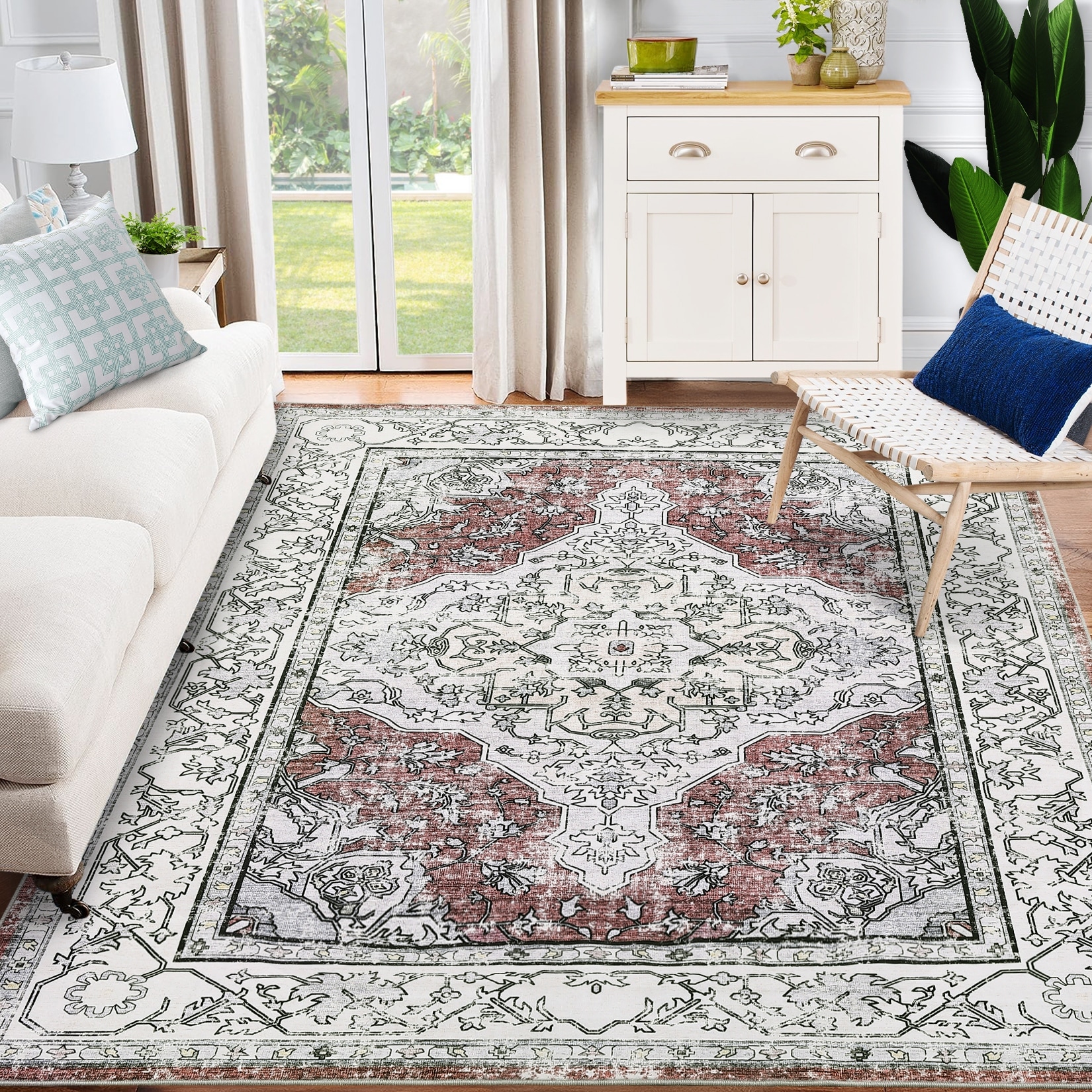 GIMMYFIVE Vintage Washable Soft Area Rug, Foldable Thin Floral