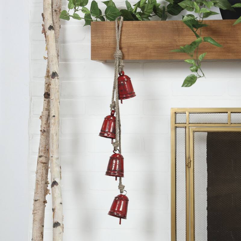 Metal Handmade Cluster Decorative Bells with 4 Bells on Jute Hanging Rope - Gold, Red, White, Black - Roche River Decor