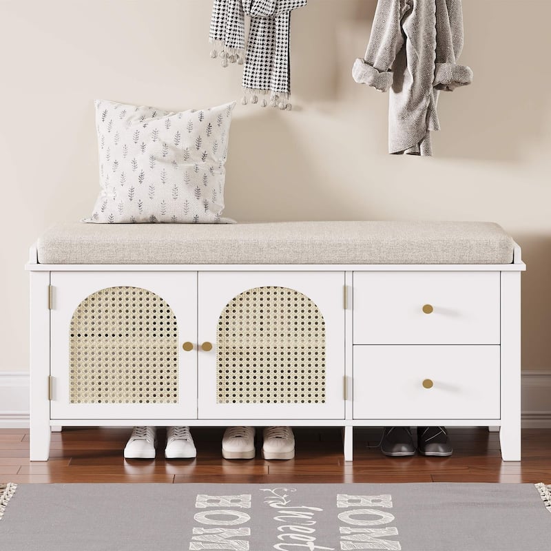 43.5 inch Shoes Bench with Cushion Storage Cabinet and 2 Drawers
