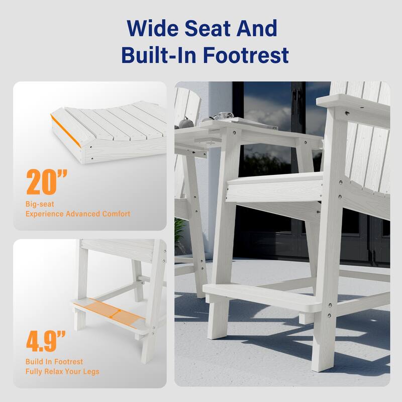 WINSOON 3PCs Tall Adirondack Chairs, Weather Resistant HIPS Balcony Chairs with Connecting Tray and Umbrella Hole