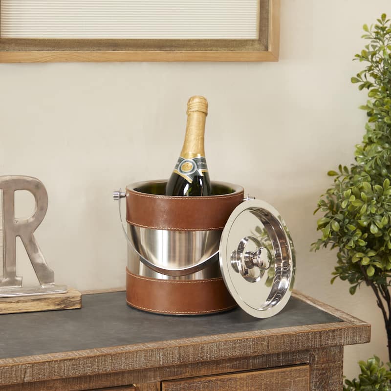 Leather Handmade Ice Bucket with Lid - Gray or Brown - Roche River Decor