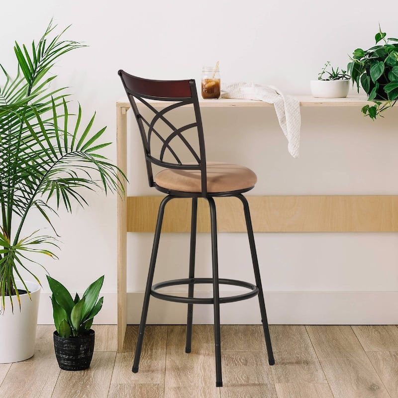 VECELO Round Seat Bar Stools with Adjustable Height(Set of 2) - Brown Finish