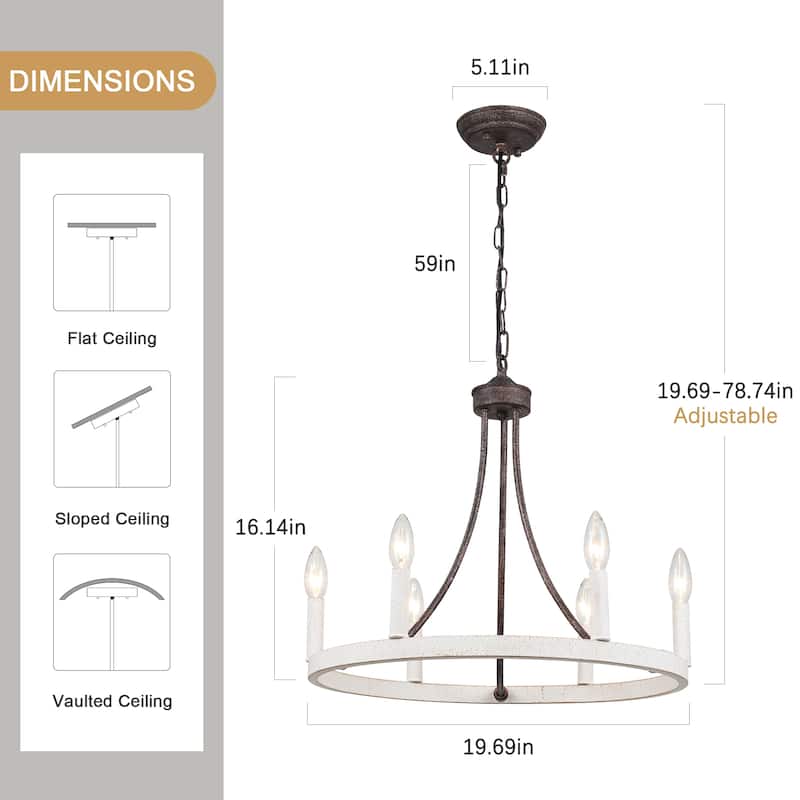 6-Light Farmhouse Candle Circle Hanging Wagon Wheel Chandelier Lighting for Kitchen Island
