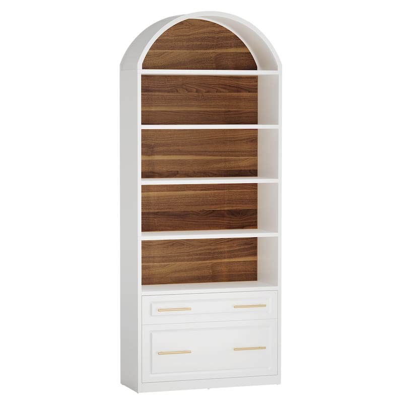 76.8" Tall Arched Bookcase, 5-Tier Modern Bookshelf with File Cabinet Drawer, White