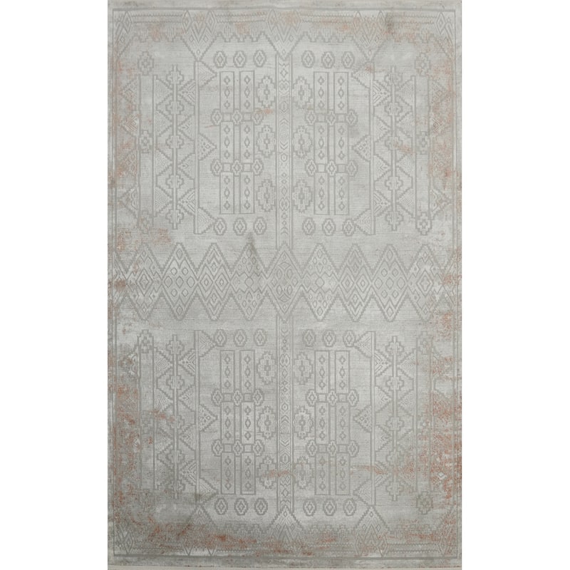 Machine Made Oriental Polyester Carpet Geometric Greys & Charcoal Distressed Area Rug - 7' 5'' X 5' 2''