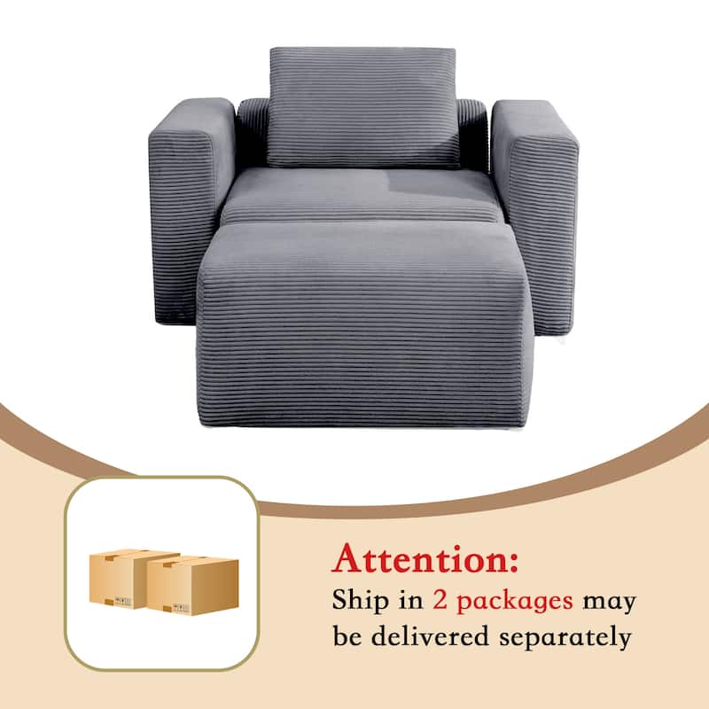Corduroy Sectional Modular Sofa with Square Arms & Ottoman Extension for Flexible Arrangements