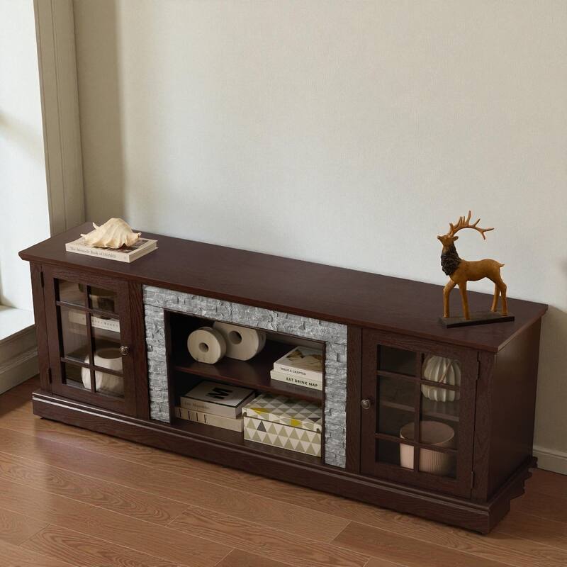 70'' Modern TV Stand for 75'' TV, Faux Stone Media Console with Cabinets, Cable Management & Adjustable Shelves