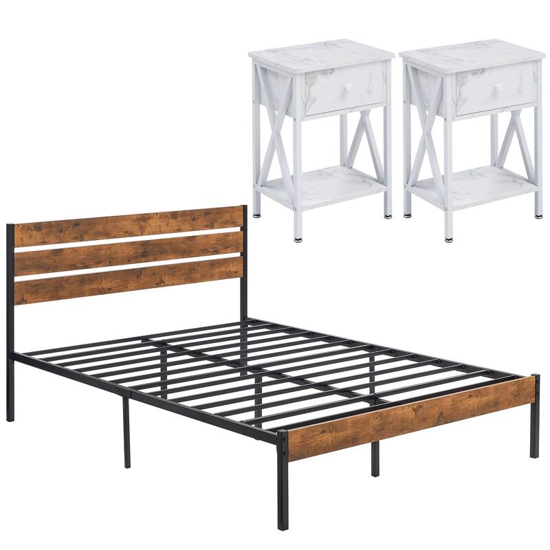 Javlergo Modern 3-Pieces Bedroom Set with Platform Bed Frame and Nightstands