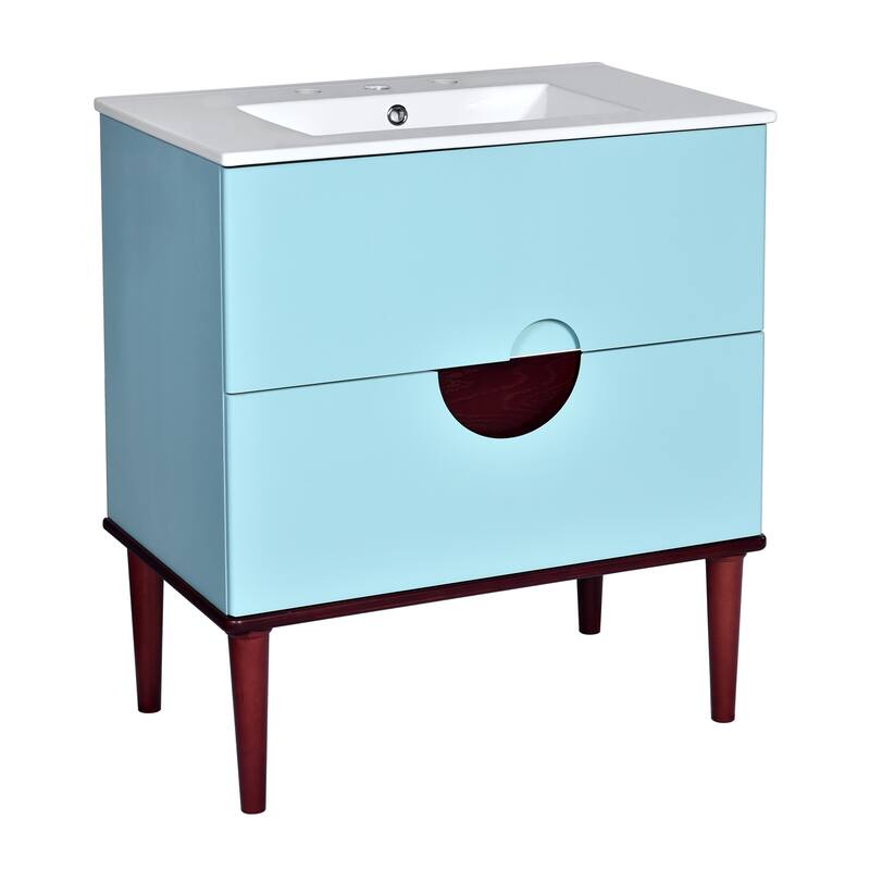 30'' Bathroom Vanity Cabinet with Ceramic Sink Combo Set, Solid Wood Frame Modern Bathroom Storage Cabinet with 2 Drawers, Blue
