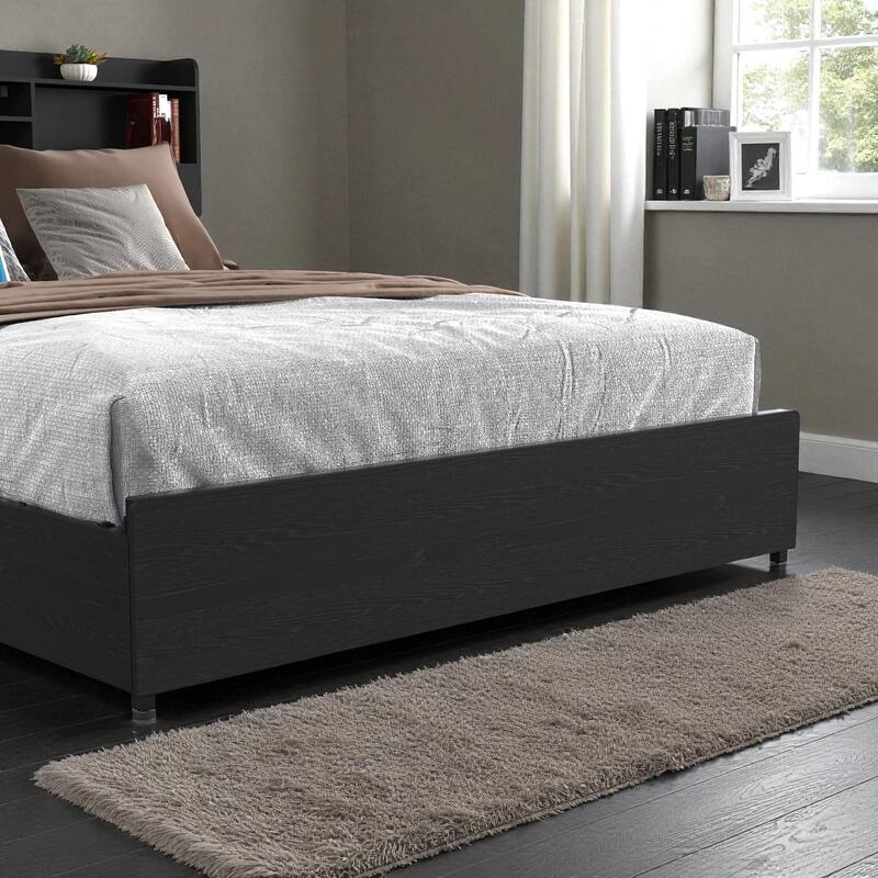Bed Frame with 4 Storage Drawers, LED Headboard Shelf, Charging Station, No Noise Metal Platform Bed No Box Spring Needed