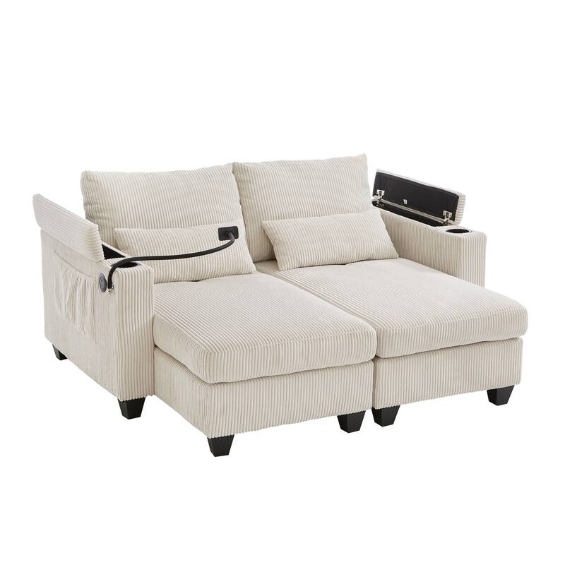 63" Corduroy Convertible Chaise Lounge with USB Ports, Phone Holder, and Storage