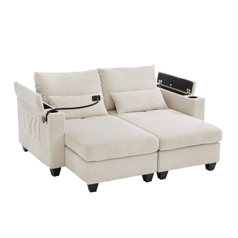 Convertible Chaise Lounge Loveseat with USB Ports, Cup Holders, Storage & Phone Mount