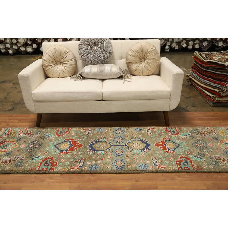 Hand Knotted Oriental 100% Wool Carpet Transitional All-Over Green Oushak Runner Rug - 8' 1'' X 2' 7''