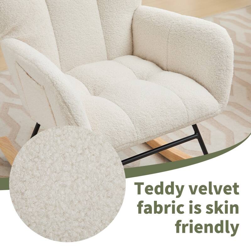 Teddy Fabric Rocking Chair with Solid Wood Legs and High Backrest