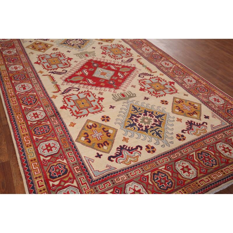Hand Knotted Oriental 100% Wool Carpet Traditional Geometric Yellow & Gold Kazak Area Rug - 9' 8'' X 6' 5''