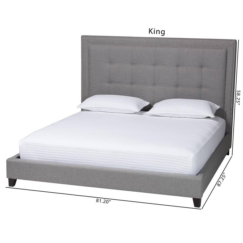 Baxton Studio Hirst Grey Linen Bed with Upholstered Headboard