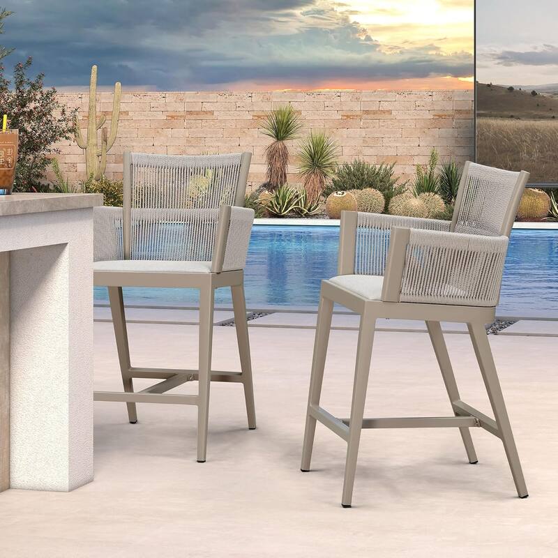 PURPLE LEAF Outdoor Bar Stools Chair Set of 2, All Weather Rattan and Aluminum Patio Bar Stool with Cushion - Cream-counter stool