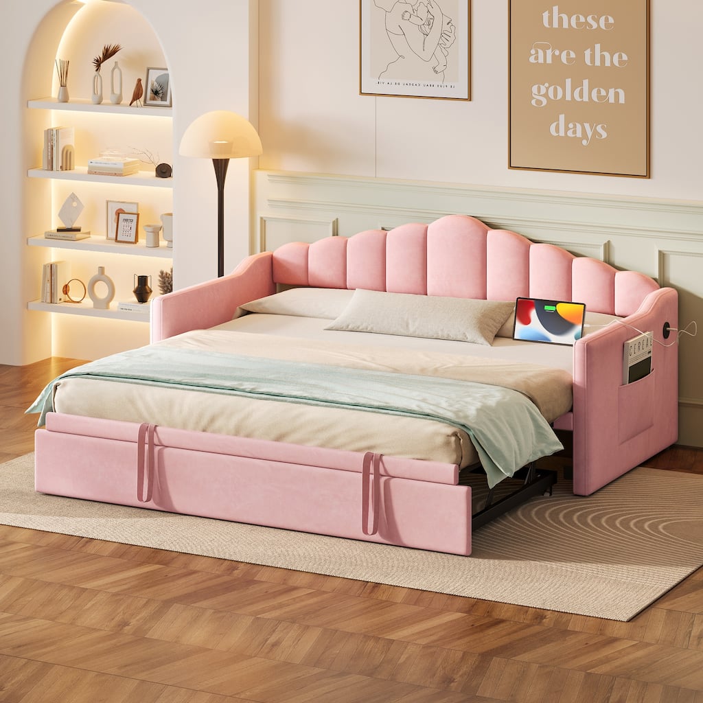 Adjustable Height Twin Daybed with Pop-Up Trundle, USB & Type-C Charging, Side Pockets, Pink