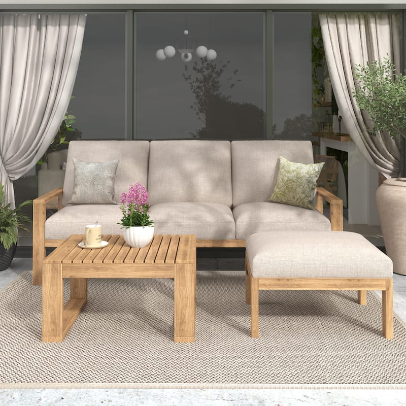 Christopher Knight Home - Ethan Outdoor 3-Piece Acacia Wood Sectional Sofa Set with Cushions - Teak Finish+Light Grey Cushion