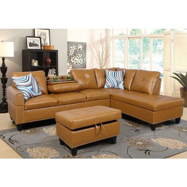 Sectional Sofa Set/w Drop Down Table,Right Facing,Ginger Faux