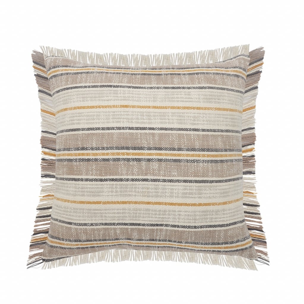 HomeRoots 20" X 20" Taupe Gray Yellow And Navy 100% Cotton Striped Zippered Pillow