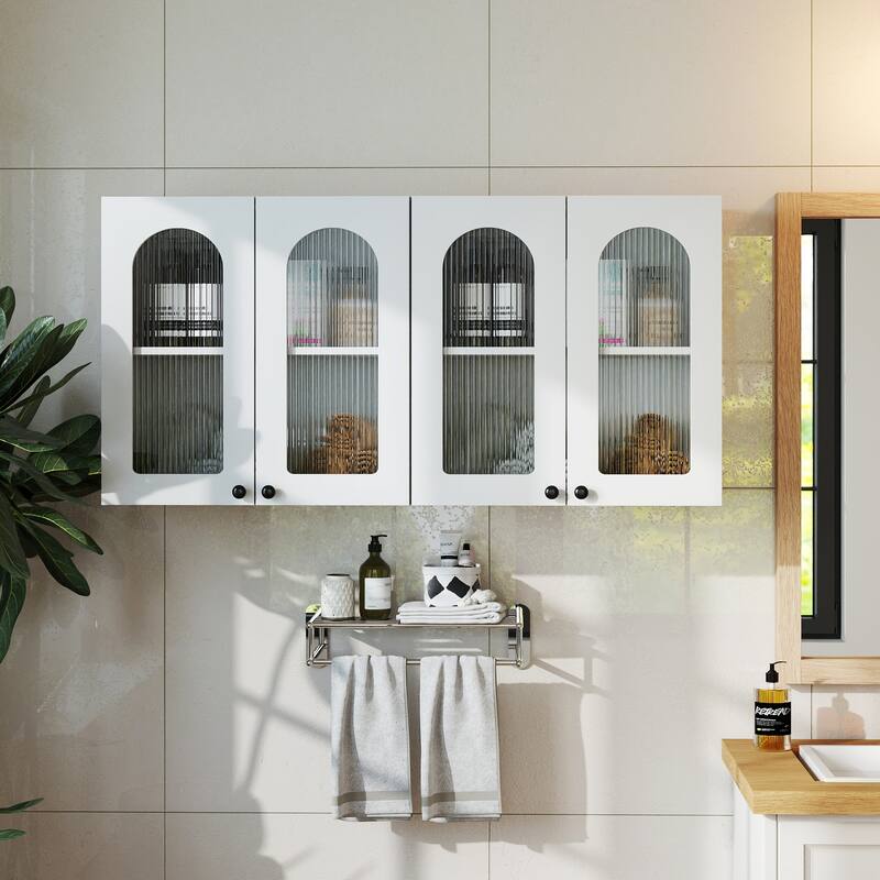 Arched Glass Door Wall Cabinet - Floating Display Cabinet with Shelves for Kitchen, Bathroom, Living Room