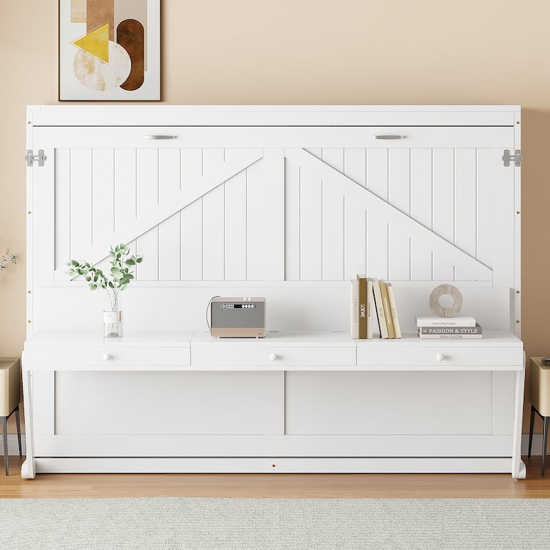 Queen Size Foldable Wall Bed with Storage and Vanity Desk, White