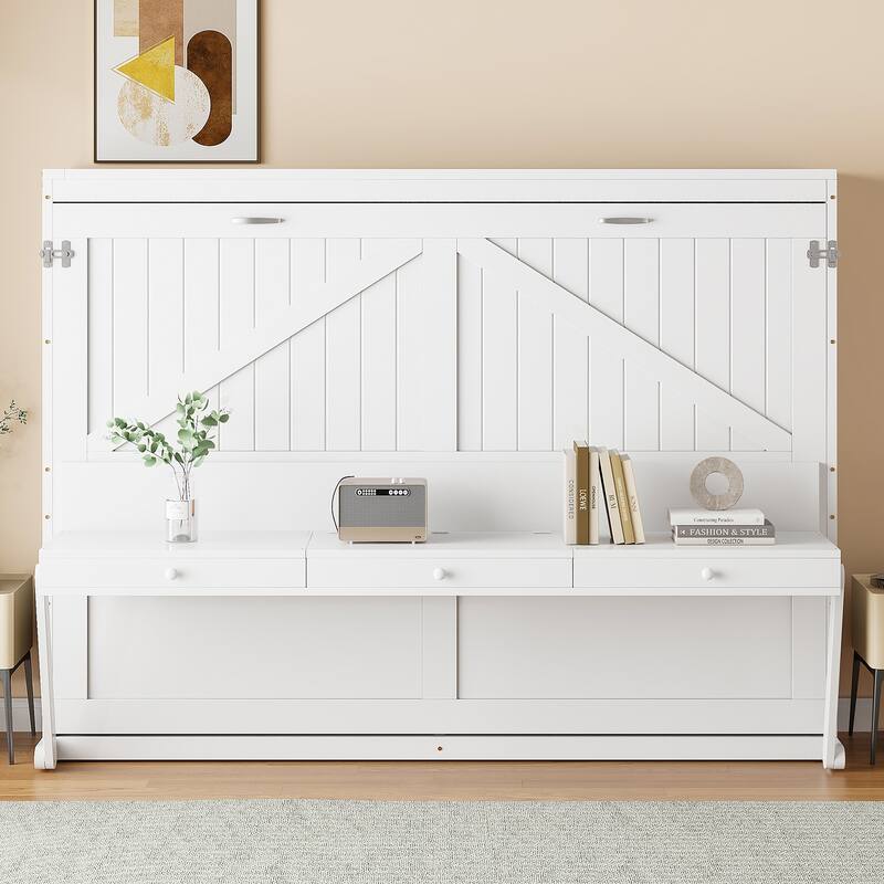 Queen Size Hydraulic Lift Murphy Bed with Vanity Desk and 2 Drawers, Solid Wood Wall Murphy Bed Cabinet, No Box Spring Needed - White - Queen