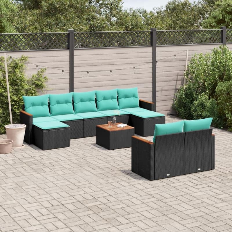 vidaXL 9 Piece Patio Sofa Set with Cushions Black Poly Rattan - 21.7x27.2x24.4 - With table