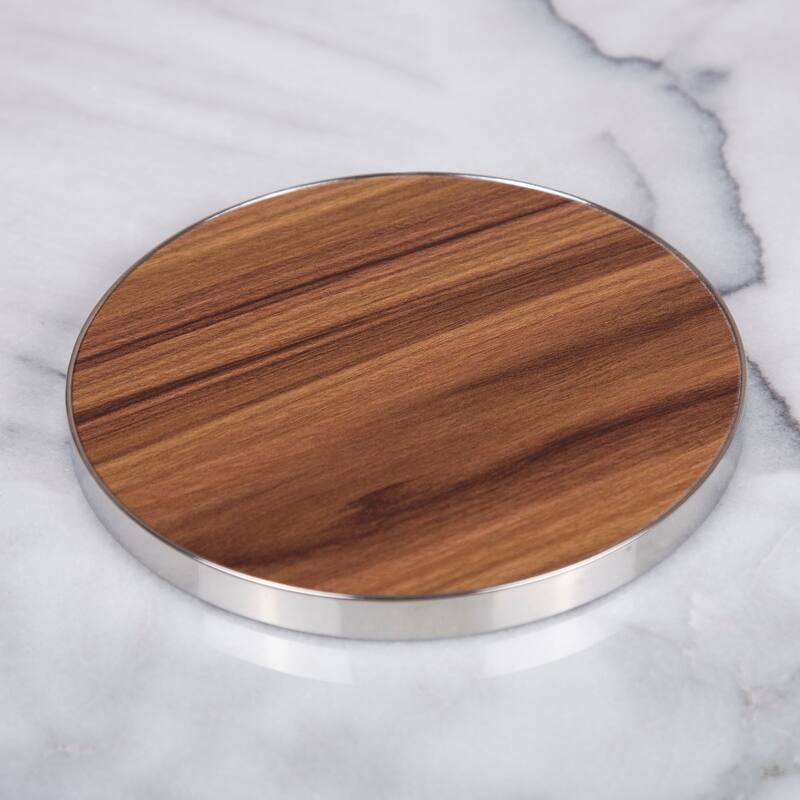 Creative Home Fiber 7" Round Trivet, Serving Board Acacia Wood Finish and Stainless Steel Trim
