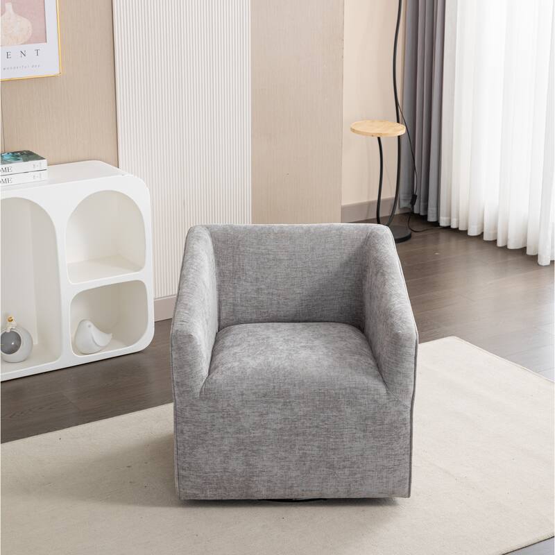 Modern 31" Chenille Upholstered Barrel Arm Chair with 360° Swivel and Round Metal Base