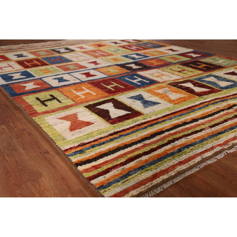 Striped Geometric Moroccan Oriental Area Rug Hand-Knotted Wool Carpet - 6'8" x 9'7" - 6'8" x 9'7" - Multi-Color