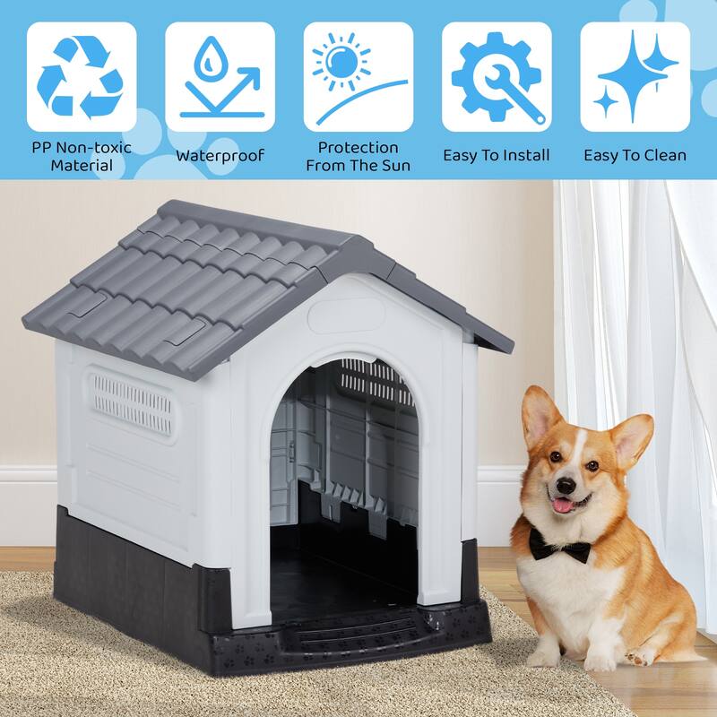 Plastic Dog House with Air Vents, Elevated Floor, Insulated Outdoor Indoor Kennel for Small Dogs