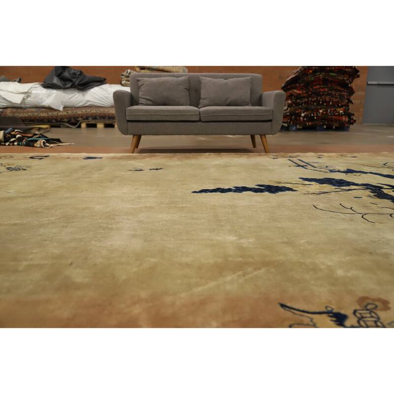 Hand Knotted Oriental 100% Wool Carpet Traditional Pictorial Yellow & Gold Art Deco Area Rug - 19' 0'' X 11' 9''