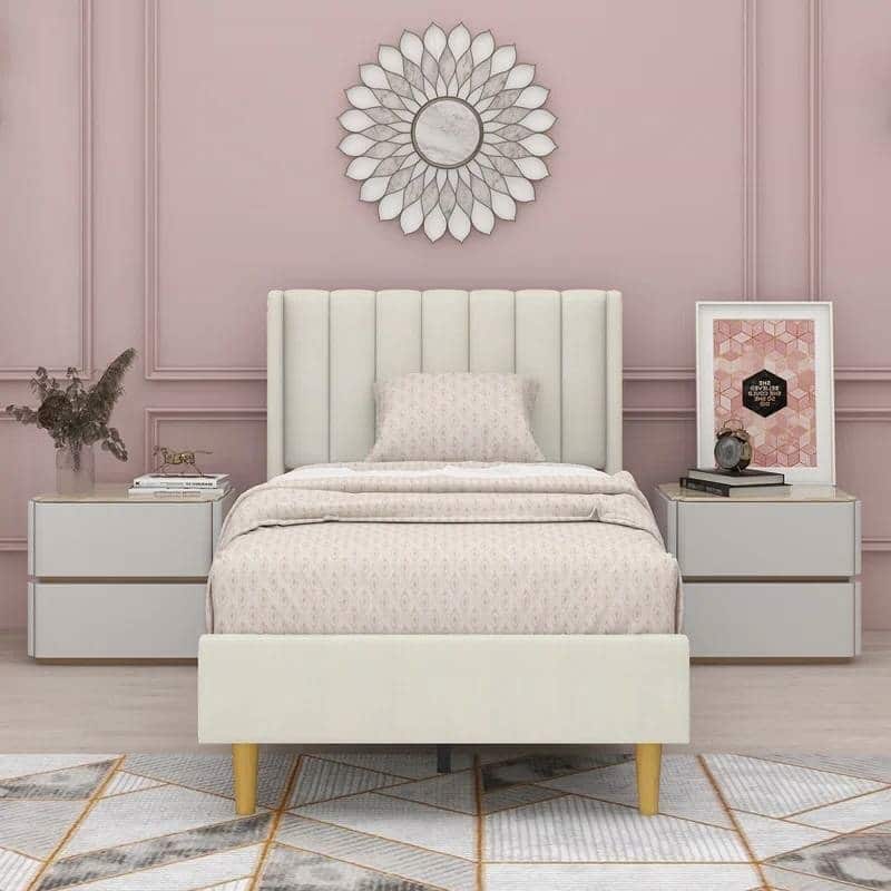 Twin Size Mid Century Modern Platform Bed Frame with Upholstered Headboard Linen No Box Spring Needed