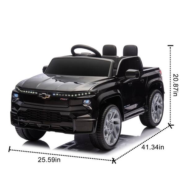 dimension image slide 0 of 4, 12V Licensed Chevrolet Silverado EV Ride-On Car with Four-Wheel Suspension, Parental Control, Bluetooth, Music, and LED Lights