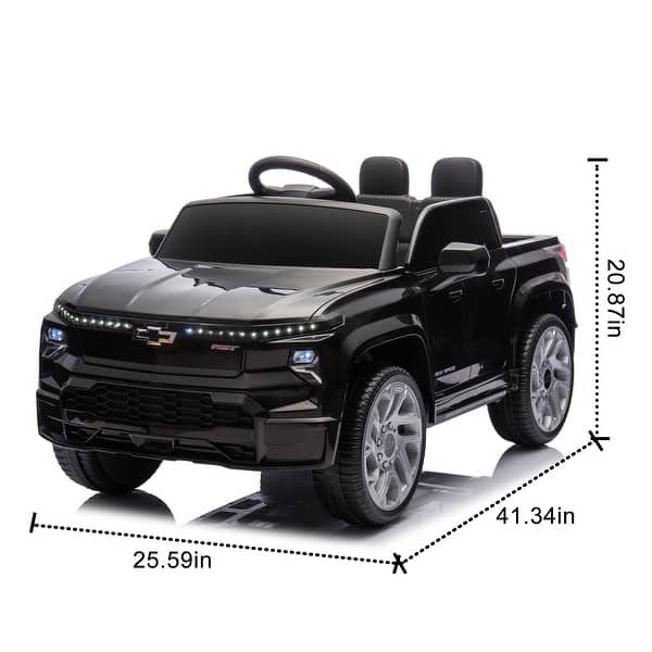 dimension image slide 0 of 4, Licensed 24V Chevrolet Silverado EV Kids Ride-On Car with Four-Wheel Suspension, Remote Control, Bluetooth, and LED Lights