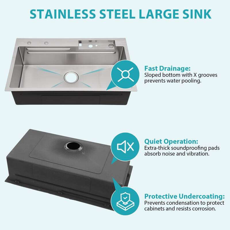 33" Drop-In 16 Gauge Single Bowl Stainless Steel Kitchen Sink - 33'' x 19.29'' x 9''