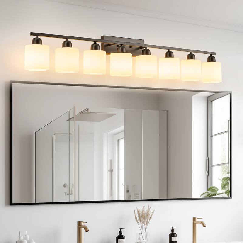 8-Light 52" Matte Black Bathroom Vanity - White Frosted Glass - Wall Sconce for Bedroom, Hallway - Black