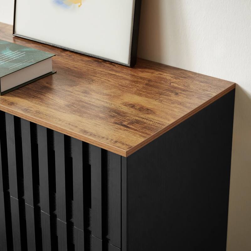 Modern Style 6-Drawer Double Dresser with Slatted Grille Striped Drawer and Hollow Caving, Wood Finish Top