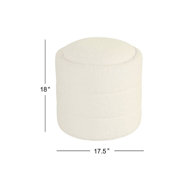 Pero 18 Inch Round Storage Ottoman with Removable Lid in White Boucle Fabric