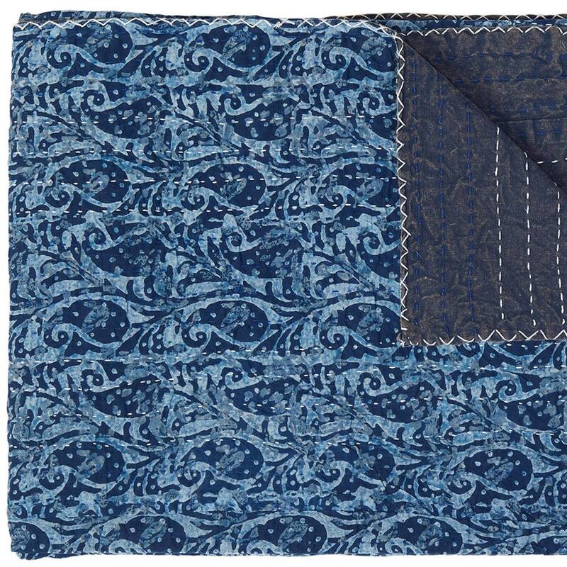 HomeRoots 50" X 70" Blue Paisley Cotton Quilted Kantha Throw Blanket with Embroidery