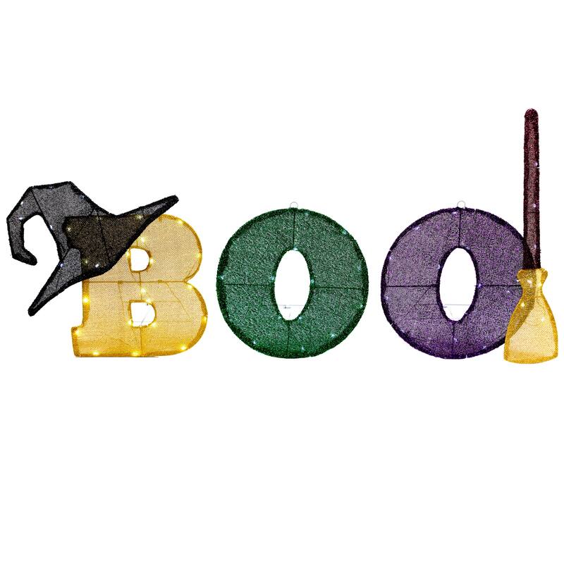LED Lighted Tinsel BOO Outdoor Halloween Sign Decoration - 50" - Clear Lights