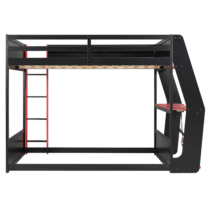 Esports Loft Bed Full Over Full Bunk Bed Frame with Side Mounted Desk, Light Strip, Charging Station and Cable Grommet