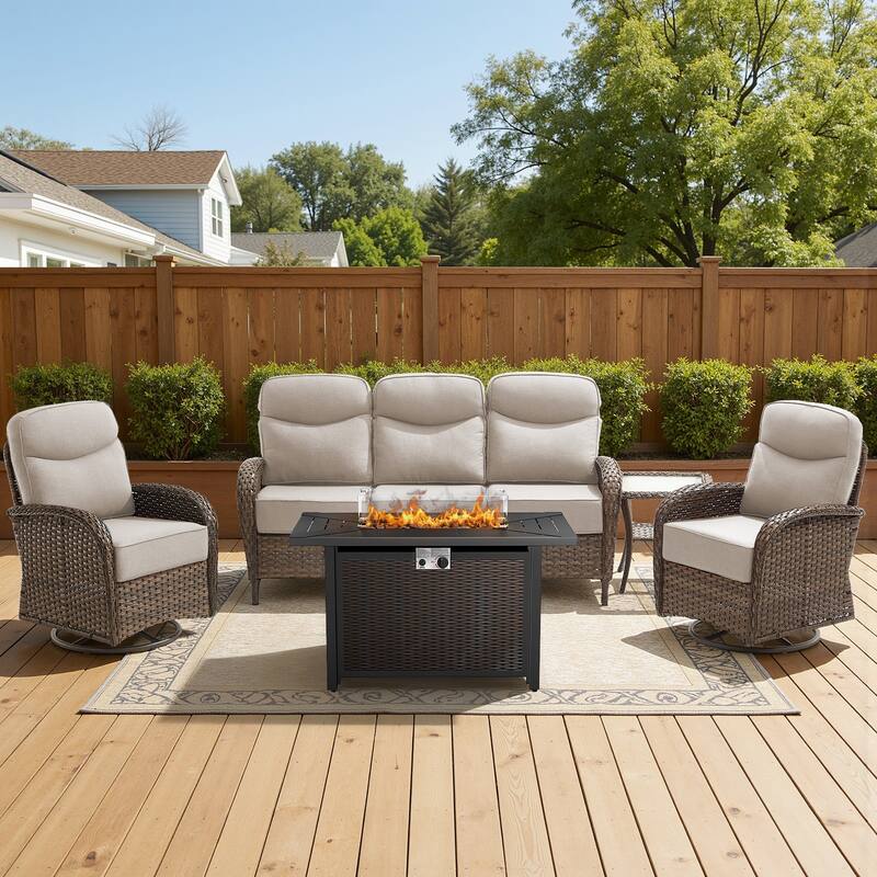 Luna 5-Piece Wicker Outdoor Patio Fire Pit Sofa Set with 6-Inch Thick Cushions - Beige Cushions - Brown Wicker